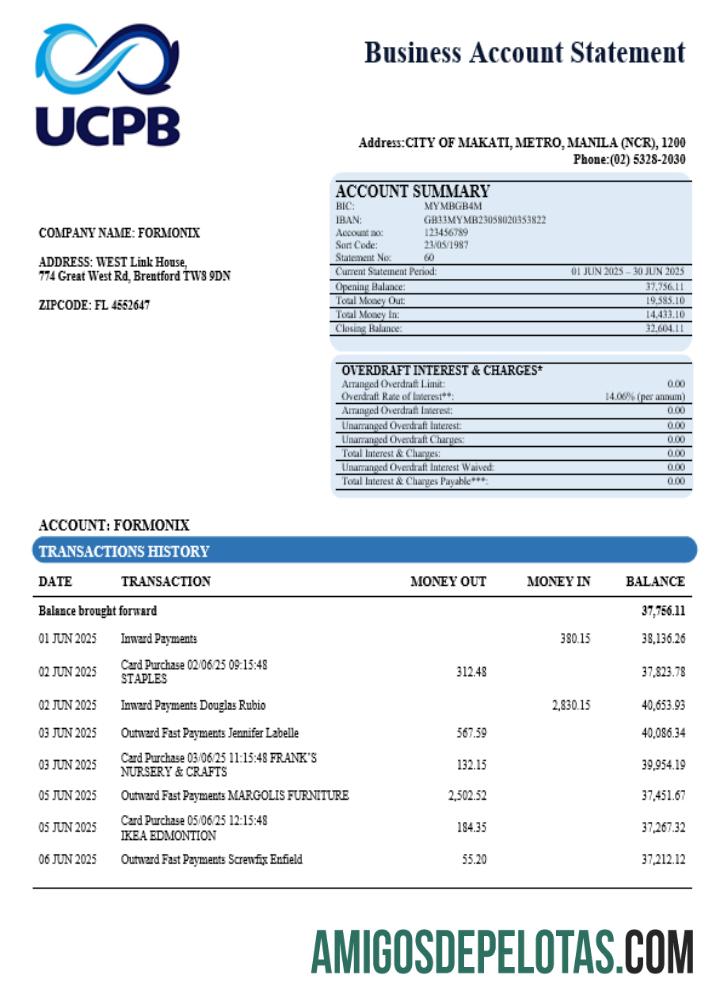 Exemplo de extrato da empresa bancária UCPB em formato Word e PDF